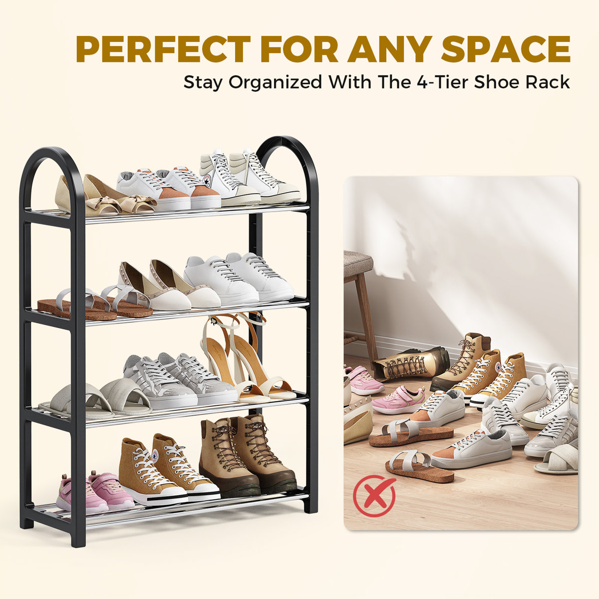 4 Tier Shoe Rack for Closet, Space-Saving & Durable Shoe Organizer, Easy Assembly Black 12 Pair Shoe Storage for Entryway